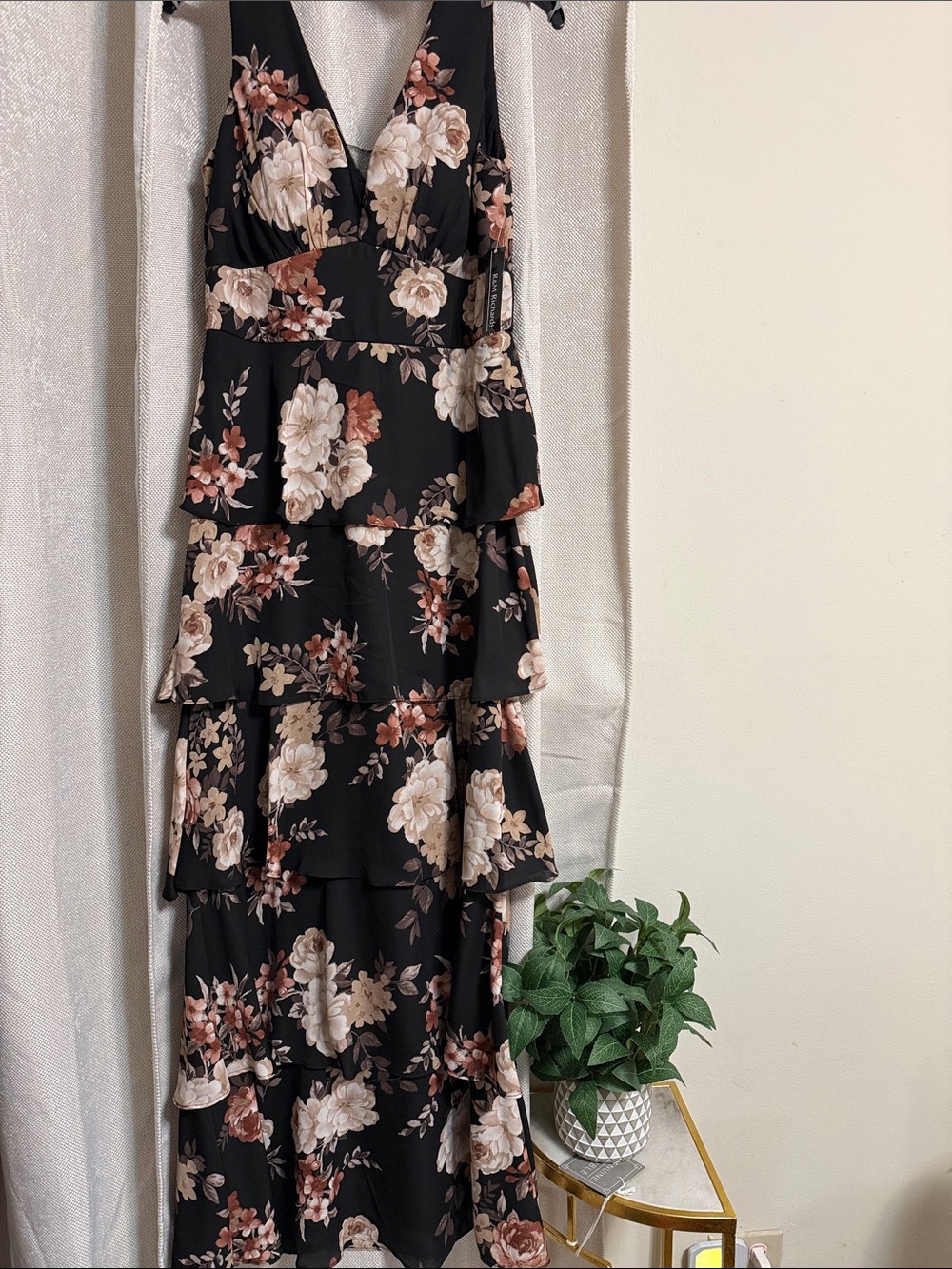 R&M Richards Black Floral Tiered Maxi Dress with Blush and Cream Blooms